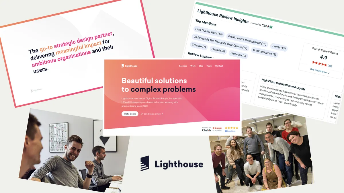 A collage of images: the Lighthouse homepage, the team collaborating, and five-star client reviews